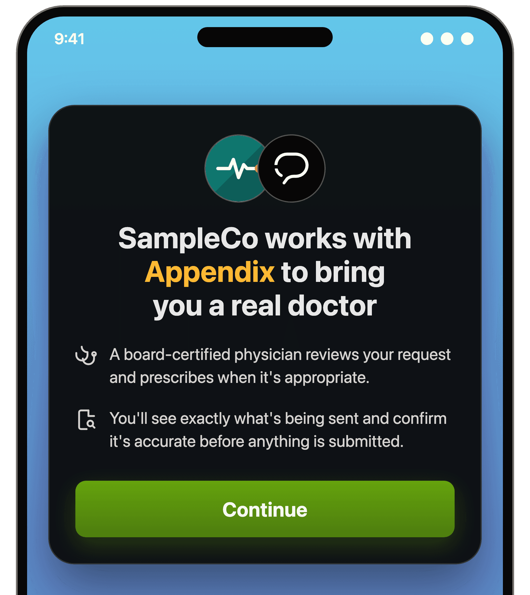 The OAuth-style consent page on a phone: SampleCo works with Appendix to bring you a real doctor, with a Continue button