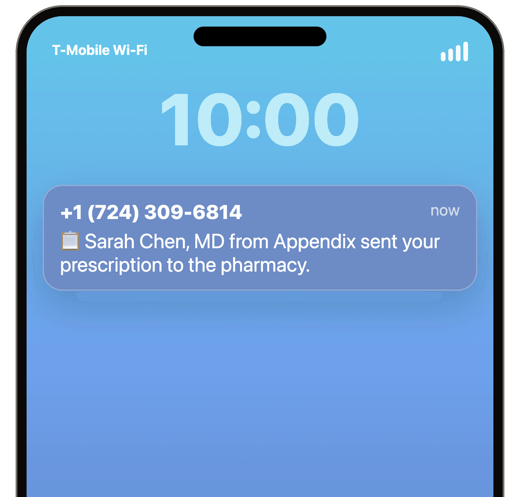 A text message from Appendix on the patient's phone: Sarah Chen, MD from Appendix sent your prescription to the pharmacy